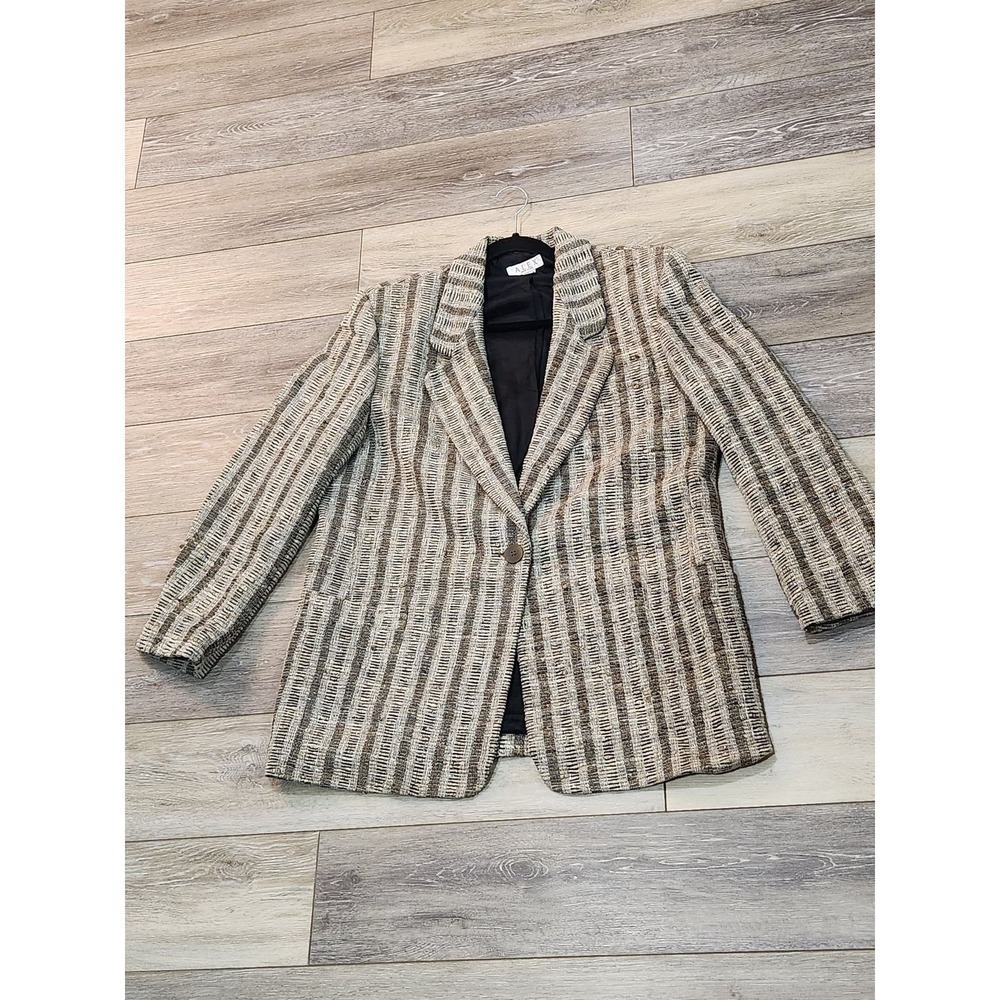 Alex New York Vintage 100% Silk Striped Blazer Jacket Brown Tan Women Size 12